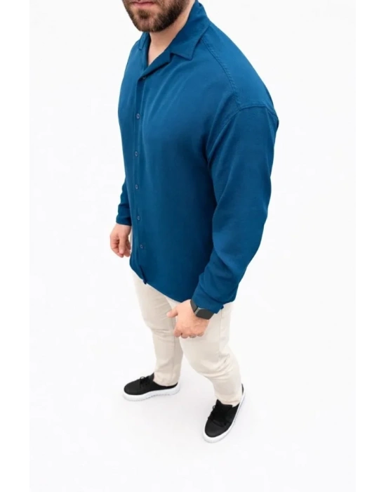 Erkek Aerobin Kumaş Oversize 4 evsim Uzun Kollu Rahat Kalıp Gömlek  İndigo