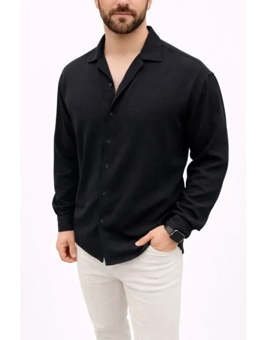 Erkek Aerobin Kumaş Oversize 4 evsim Uzun Kollu Rahat Kalıp Gömlek  iyah