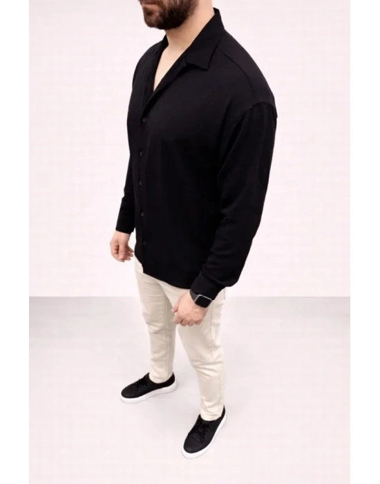 Erkek Aerobin Kumaş Oversize 4 evsim Uzun Kollu Rahat Kalıp Gömlek  iyah