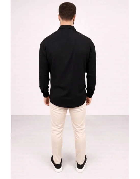 Erkek Aerobin Kumaş Oversize 4 evsim Uzun Kollu Rahat Kalıp Gömlek  iyah