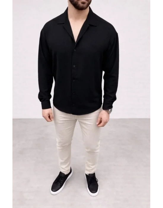 Erkek Aerobin Kumaş Oversize 4 evsim Uzun Kollu Rahat Kalıp Gömlek  iyah