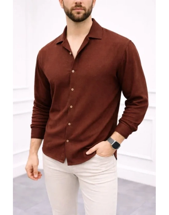 Erkek Aerobin Kumaş Oversize 4 evsim Uzun Kollu Rahat Kalıp Gömlek  Kahverengi