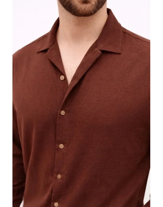 Erkek Aerobin Kumaş Oversize 4 evsim Uzun Kollu Rahat Kalıp Gömlek  Kahverengi