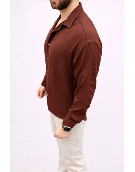 Erkek Aerobin Kumaş Oversize 4 evsim Uzun Kollu Rahat Kalıp Gömlek  Kahverengi
