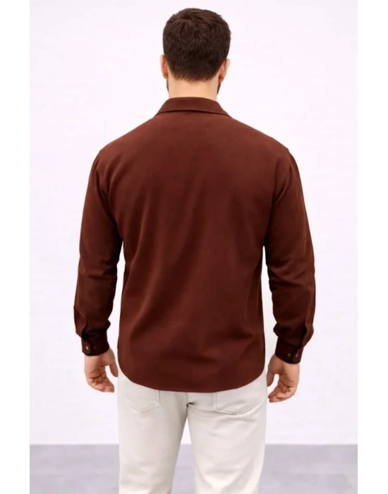 Erkek Aerobin Kumaş Oversize 4 evsim Uzun Kollu Rahat Kalıp Gömlek  Kahverengi