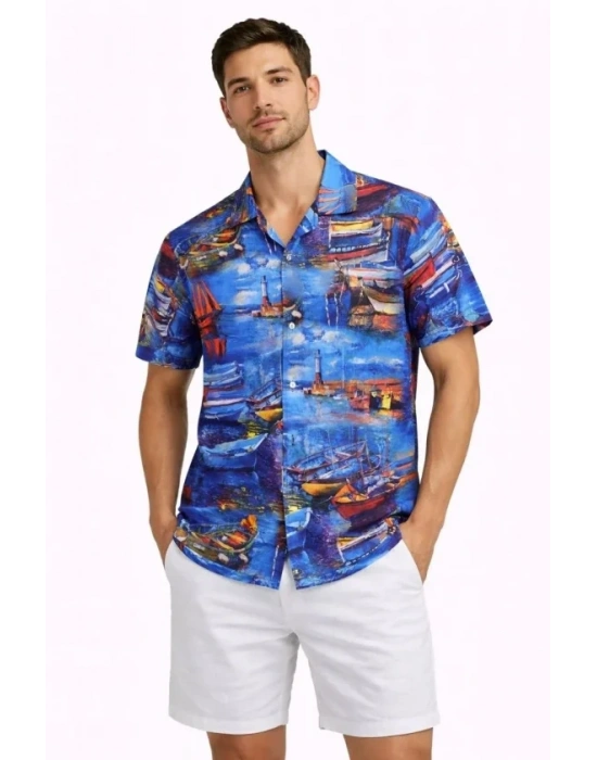 Erkek arin Desenli Kısa Kol Gömlek Yazlık Rahat Kalıp Dijital Baskılı  Desenli