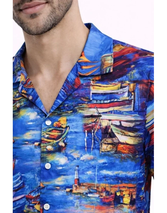 Erkek arin Desenli Kısa Kol Gömlek Yazlık Rahat Kalıp Dijital Baskılı  Desenli