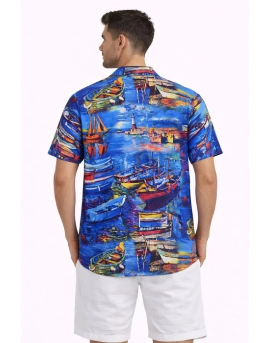 Erkek arin Desenli Kısa Kol Gömlek Yazlık Rahat Kalıp Dijital Baskılı  Desenli