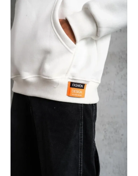 Erkek Armalı Baskılı Kapüşonlu weatshirt  Beyaz