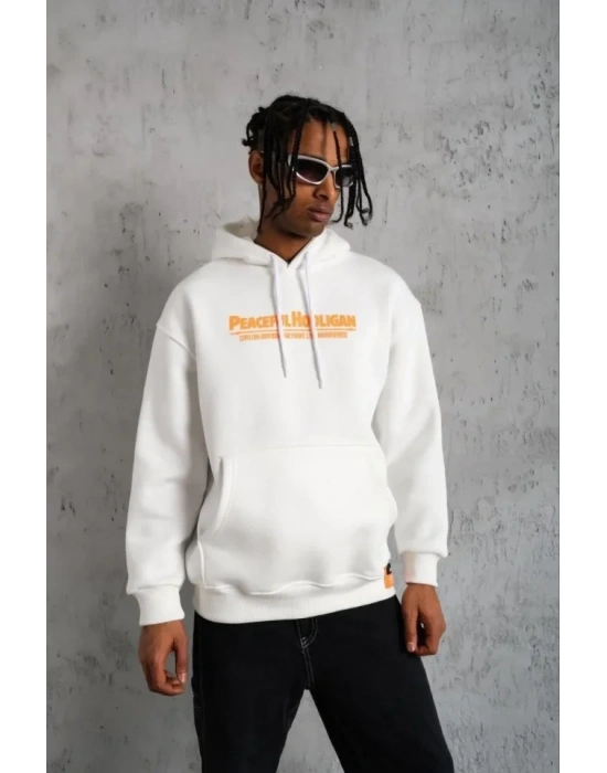Erkek Armalı Baskılı Kapüşonlu weatshirt  Beyaz