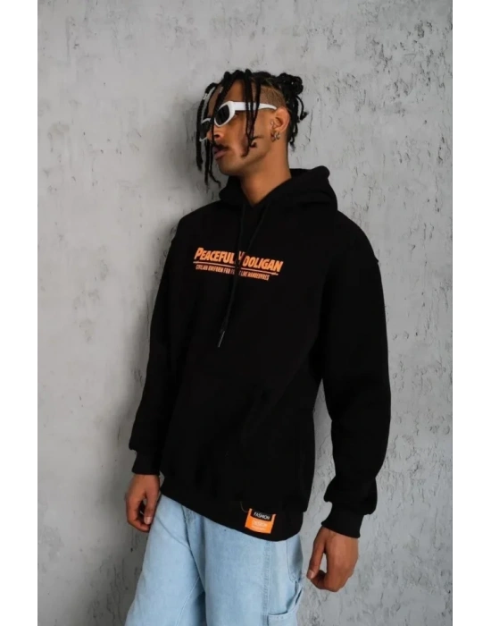 Erkek Armalı Baskılı Kapüşonlu weatshirt  iyah