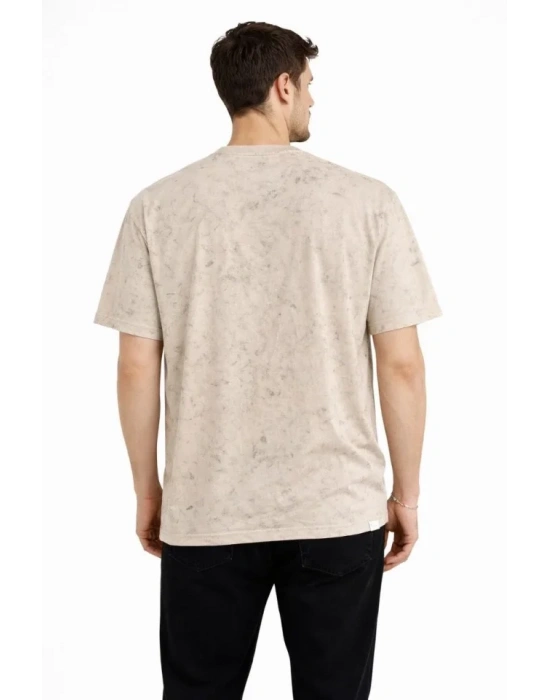 Erkek Asit Yıkama Bisiklet Yaka Kısa Kollu Oversize Thirt Tişört  Bej