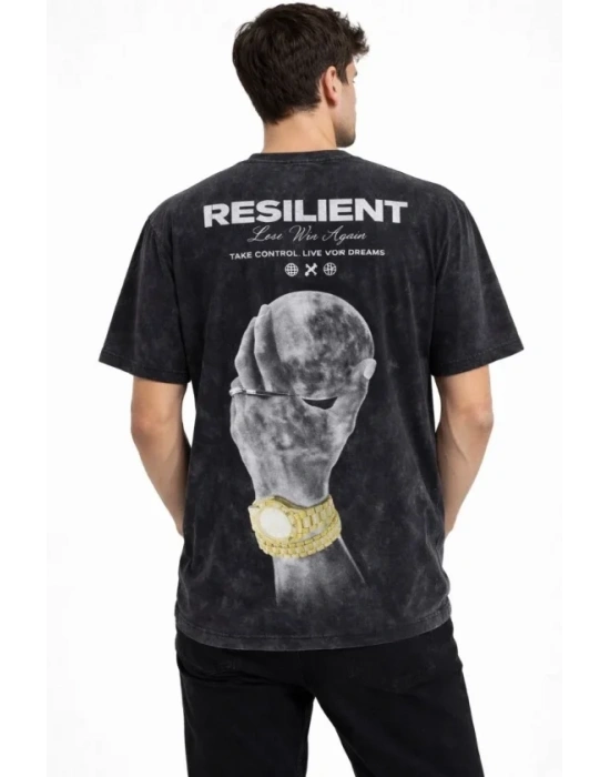Erkek Asit Yıkamalı Baskılı Tişört Bisiklet Yaka Kısa Kollu treetwear Tshirt  iyah