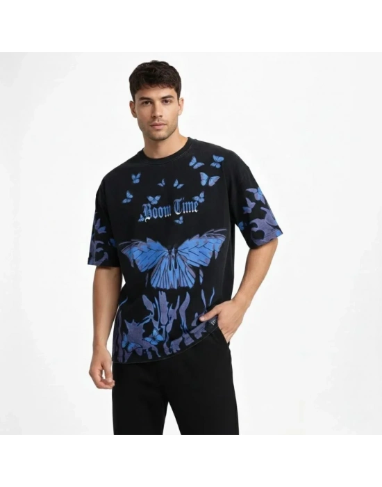 Erkek Asit Yıkamalı Oversize Tişört avi Kelebek Baskılı Dijital Print Bisiklet Yaka treetwear Thirt  iyah