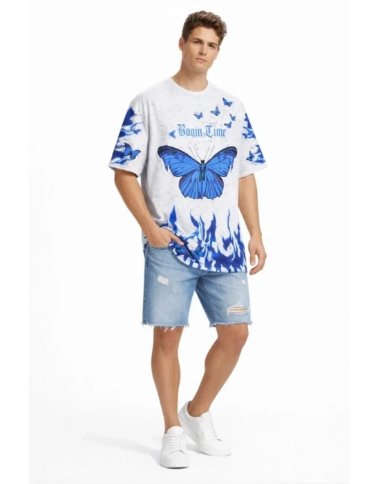 Erkek Asit Yıkamalı Oversize Tişört avi Kelebek Baskılı Dijital Print Bisiklet Yaka treetwear Thirt  Beyaz