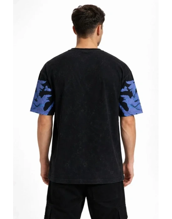 Erkek Asit Yıkamalı Oversize Tişört avi Kelebek Baskılı Dijital Print Bisiklet Yaka treetwear Thirt  iyah