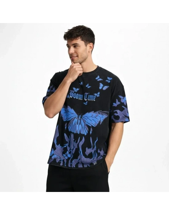 Erkek Asit Yıkamalı Oversize Tişört avi Kelebek Baskılı Dijital Print Bisiklet Yaka treetwear Thirt  iyah