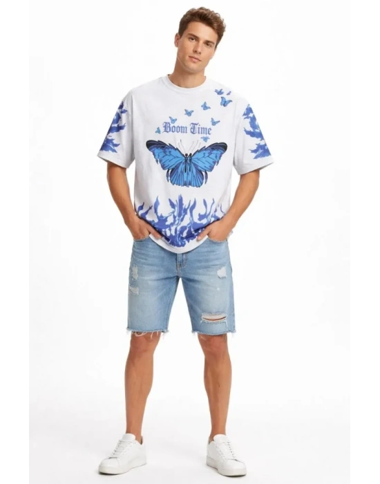 Erkek Asit Yıkamalı Oversize Tişört avi Kelebek Baskılı Dijital Print Bisiklet Yaka treetwear Thirt  Beyaz