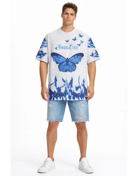 Erkek Asit Yıkamalı Oversize Tişört avi Kelebek Baskılı Dijital Print Bisiklet Yaka treetwear Thirt  Beyaz