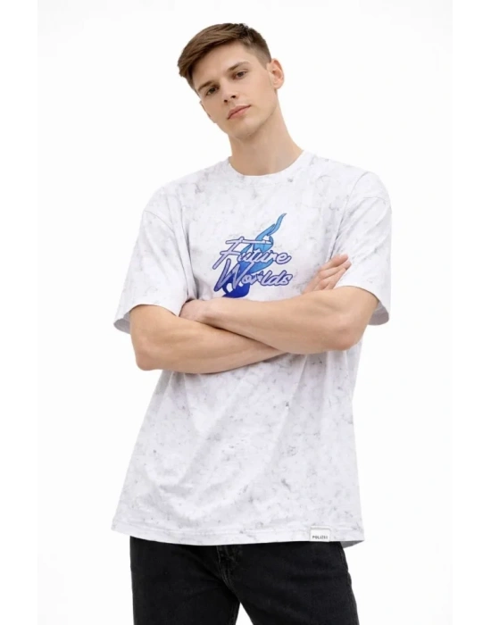 Erkek Asit Yıkamalı Oversize Tişört Future Worlds Baskılı Bisiklet Yaka Kısa Kollu treetwear %100 Pamuk treet tyle Thirt  Beyaz