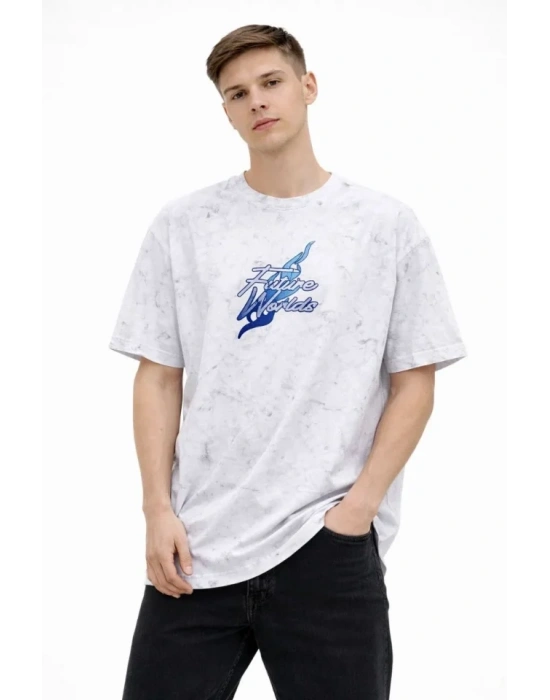 Erkek Asit Yıkamalı Oversize Tişört Future Worlds Baskılı Bisiklet Yaka Kısa Kollu treetwear %100 Pamuk treet tyle Thirt  Beyaz