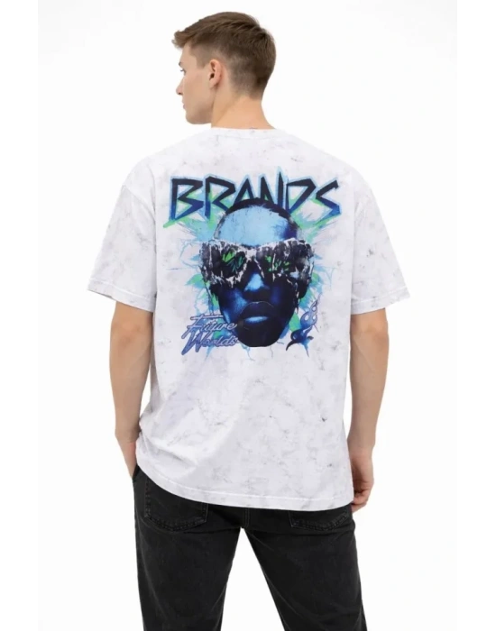Erkek Asit Yıkamalı Oversize Tişört Future Worlds Baskılı Bisiklet Yaka Kısa Kollu treetwear %100 Pamuk treet tyle Thirt  Beyaz