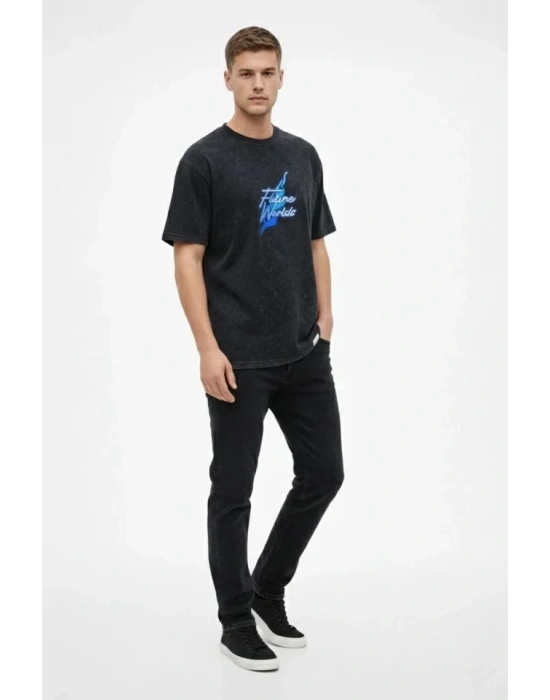 Erkek Asit Yıkamalı Oversize Tişört Future Worlds Baskılı Bisiklet Yaka Kısa Kollu treetwear %100 Pamuk treet tyle Thirt  iyah