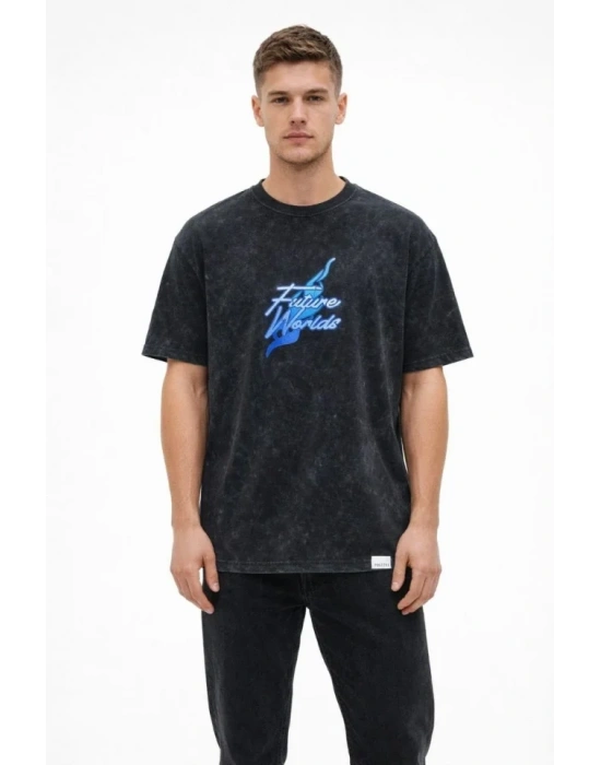 Erkek Asit Yıkamalı Oversize Tişört Future Worlds Baskılı Bisiklet Yaka Kısa Kollu treetwear %100 Pamuk treet tyle Thirt  iyah