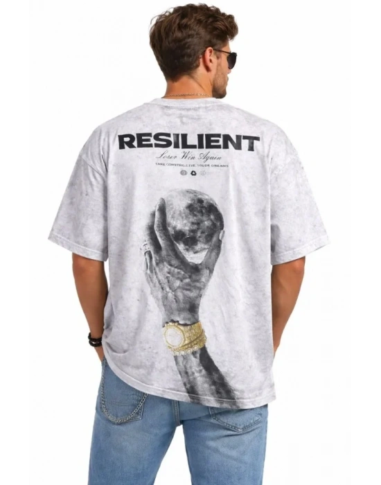 Erkek Asit Yıkamalı Oversize Tişört ön Ve Arkası Baskılı %100 Pamuk treet tyle Thirt  Beyaz