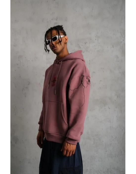 Erkek aske Baskılı Kapüşonlu weat  Gül Kurusu