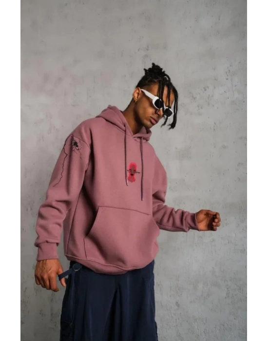 Erkek aske Baskılı Kapüşonlu weat  Gül Kurusu