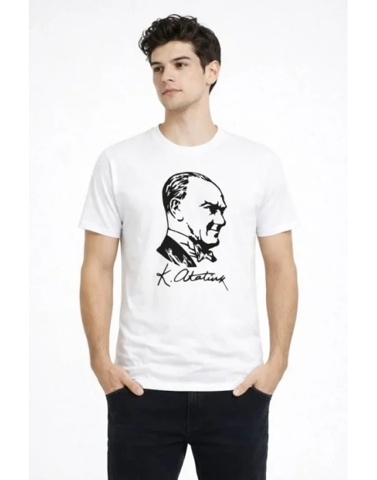 Erkek Atatürk Baskılı Tişört Kısa Kollu Bisiklet Yaka Thirt  Beyaz