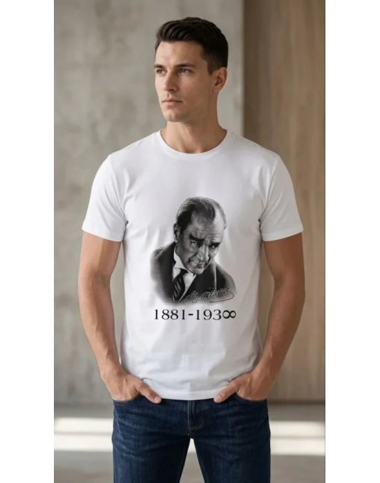 Erkek Atatürk Baskılı Tişört Kısa Kollu Bisiklet Yaka  Thirt  Beyaz
