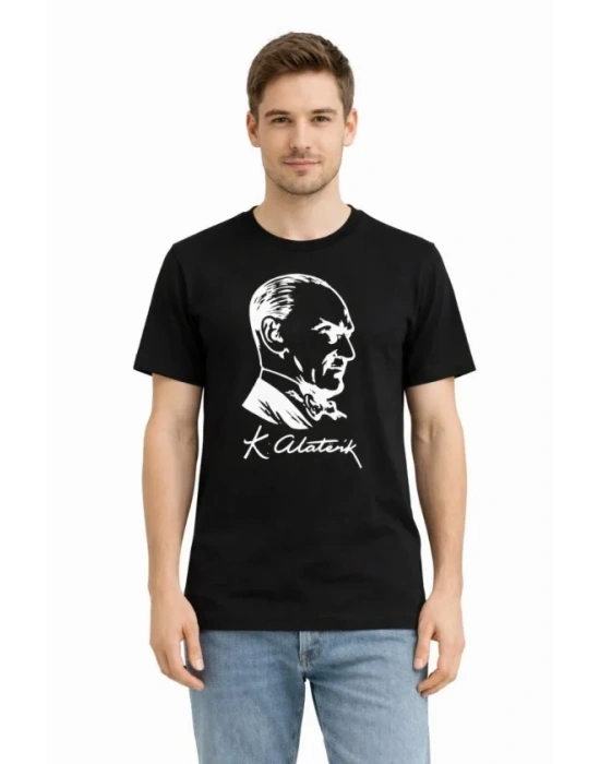Erkek Atatürk Baskılı Tişört Kısa Kollu Bisiklet Yaka Thirt  iyah