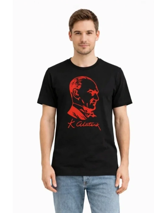 Erkek Atatürk Baskılı Tişört Kısa Kollu Bisiklet Yaka Thirt  iyah