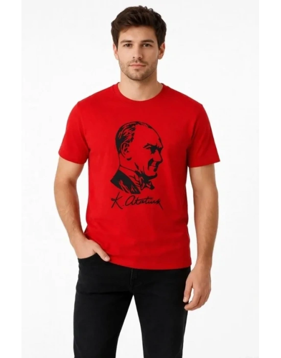 Erkek Atatürk Baskılı Tişört Kısa Kollu Bisiklet Yaka Thirt  Kırmızı