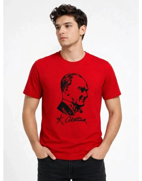 Erkek Atatürk Baskılı Tişört Kısa Kollu Bisiklet Yaka Thirt  Kırmızı