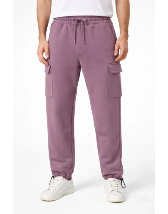 Erkek Baggy Üç İplik Kargo Cepli Eşofman Ayarlanabilir Paça Beli İpli Pantolon  Gül Kurusu