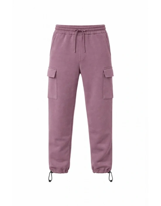 Erkek Baggy Üç İplik Kargo Cepli Eşofman Ayarlanabilir Paça Beli İpli Pantolon  Gül Kurusu