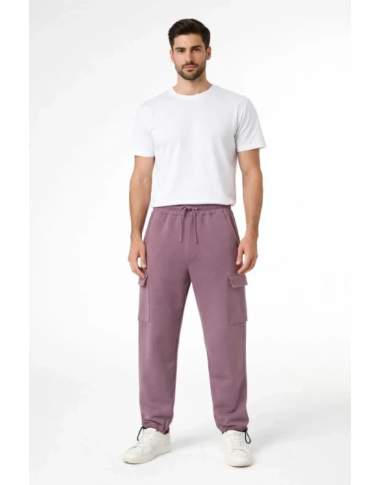 Erkek Baggy Üç İplik Kargo Cepli Eşofman Ayarlanabilir Paça Beli İpli Pantolon  Gül Kurusu