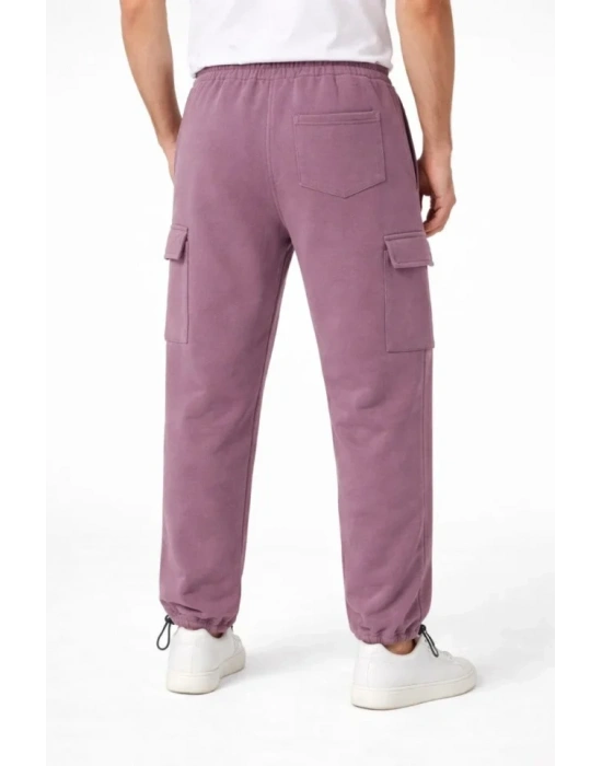 Erkek Baggy Üç İplik Kargo Cepli Eşofman Ayarlanabilir Paça Beli İpli Pantolon  Gül Kurusu