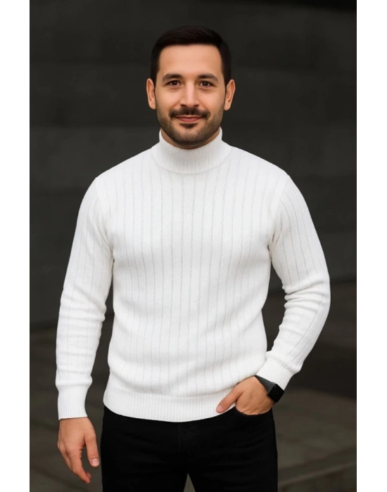 Erkek Balıkcı Yaka Bağazlı Triko Kazak Pamuklu Kalın Fitilli Dokuma, Regular Fit Uzun Kollu Kışlık Model  Beyaz