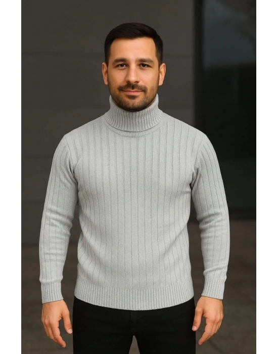 Erkek Balıkcı Yaka Bağazlı Triko Kazak Pamuklu Kalın Fitilli Dokuma, Regular Fit Uzun Kollu Kışlık odel  Gri