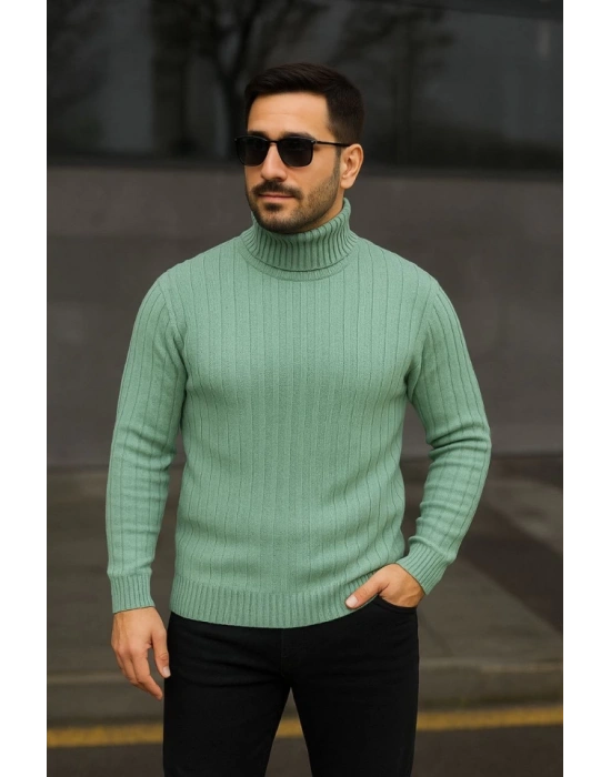 Erkek Balıkcı Yaka Bağazlı Triko Kazak Pamuklu Kalın Fitilli Dokuma, Regular Fit Uzun Kollu Kışlık odel  int Yeşili