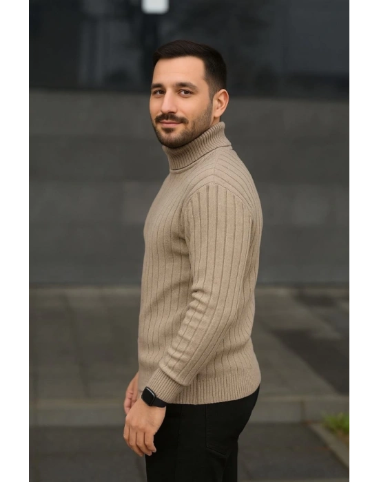 Erkek Balıkcı Yaka Bağazlı Triko Kazak Pamuklu Kalın Fitilli Dokuma, Regular Fit Uzun Kollu Kışlık odel  Bej