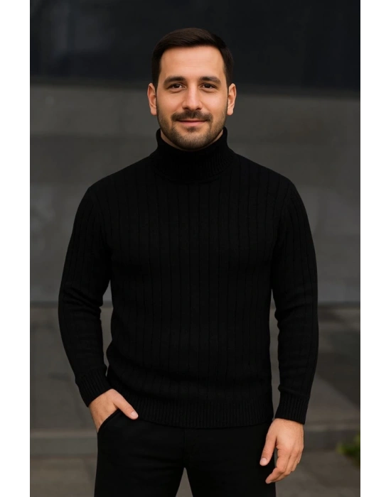 Erkek Balıkcı Yaka Bağazlı Triko Kazak Pamuklu Kalın Fitilli Dokuma, Regular Fit Uzun Kollu Kışlık odel  iyah