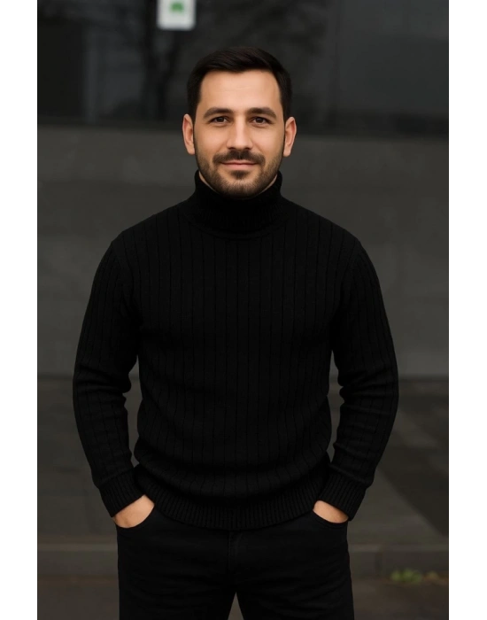 Erkek Balıkcı Yaka Bağazlı Triko Kazak Pamuklu Kalın Fitilli Dokuma, Regular Fit Uzun Kollu Kışlık odel  iyah