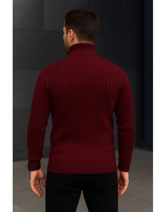 Erkek Balıkcı Yaka Bağazlı Triko Kazak Pamuklu Kalın Fitilli Dokuma, Regular Fit Uzun Kollu Kışlık odel  Bordo