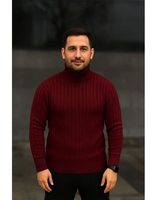 Erkek Balıkcı Yaka Bağazlı Triko Kazak Pamuklu Kalın Fitilli Dokuma, Regular Fit Uzun Kollu Kışlık odel  Bordo
