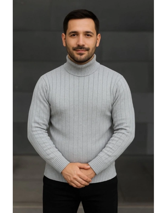 Erkek Balıkcı Yaka Bağazlı Triko Kazak Pamuklu Kalın Fitilli Dokuma, Regular Fit Uzun Kollu Kışlık odel  Gri